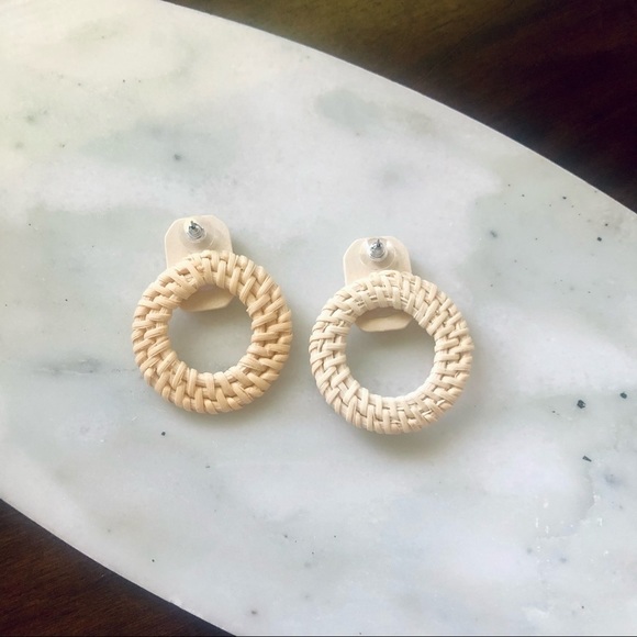 Rattan Natural Wooden Stud Hoop Earrings - Picture 6 of 6